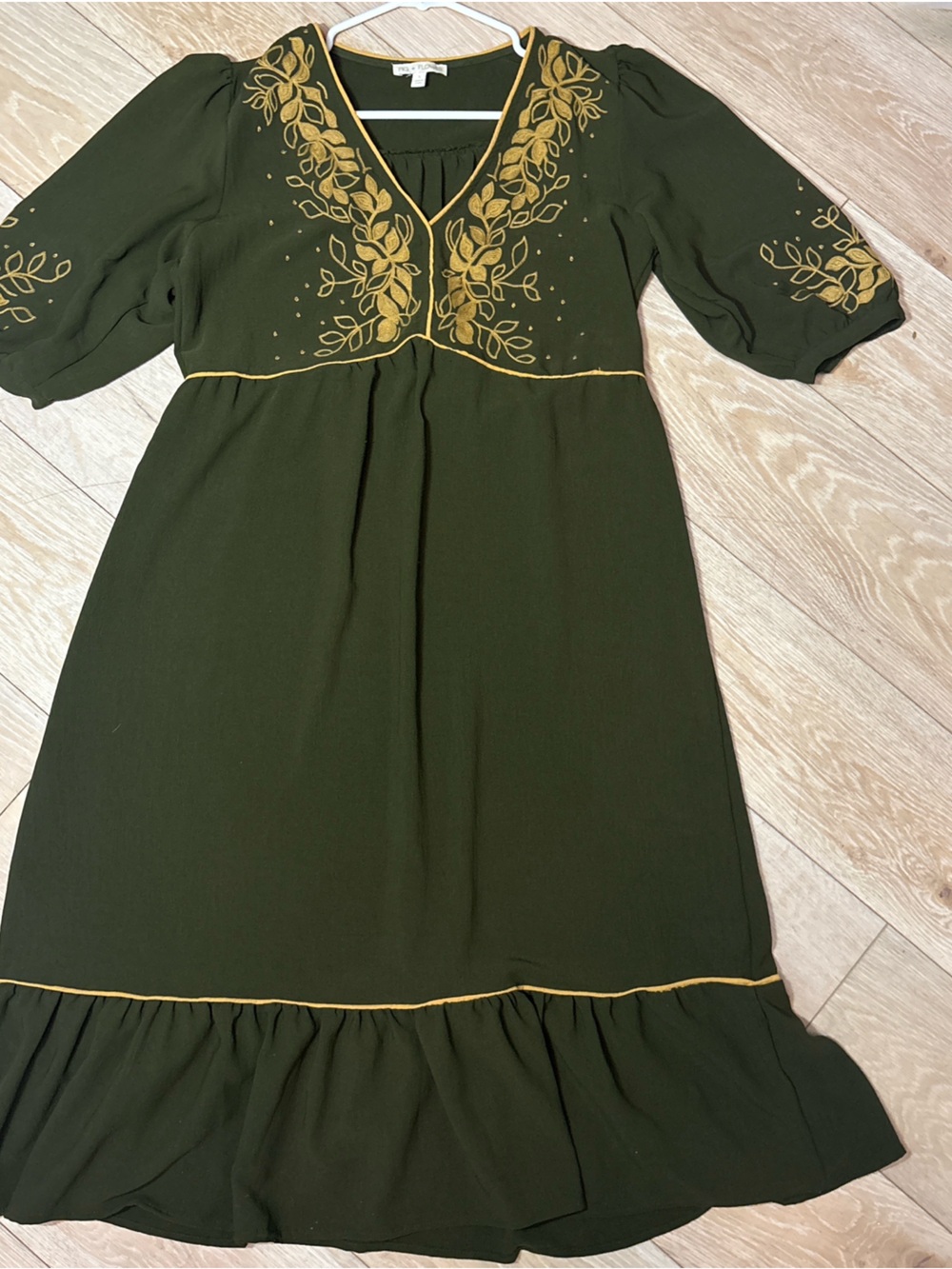 Fig And Flower Anthropologie Olive Green Maxi Dress with Mustard Embroidery